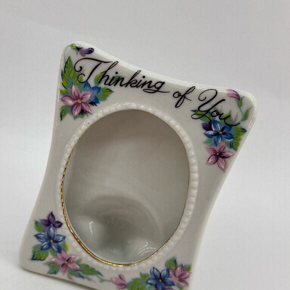 Vintage Porcelain Tabletop Picture Frame "Thinking of You" Blue & Purple Florals - Picture 2 of 6